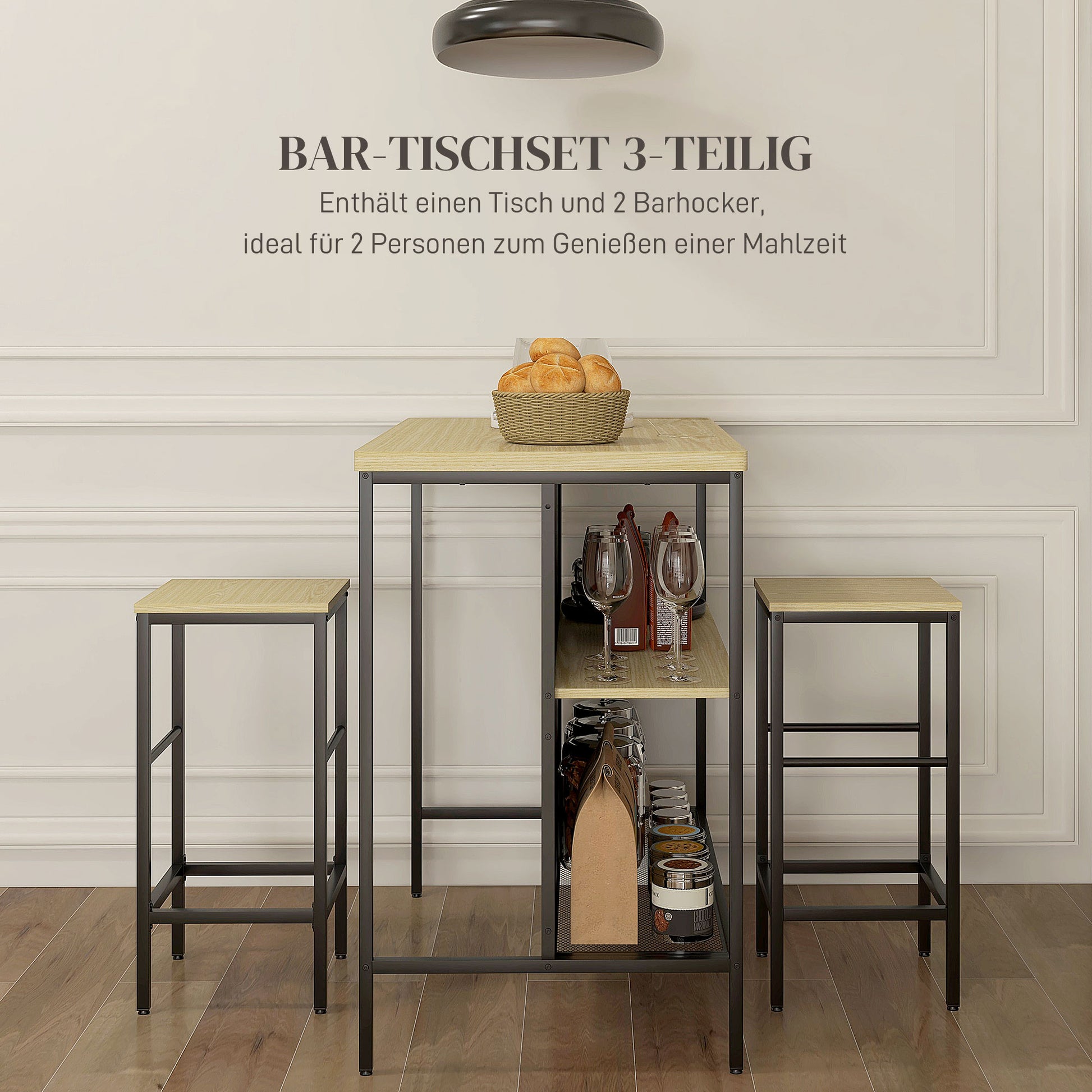 Bar Table with Bar Stool Set, 3-piece Bar Table Set including Kitchen Table with 2 Bar Stools, 2 Shelves, Dining Set in Modern Style, for Kitchen, Dining Room, Steel, Oak