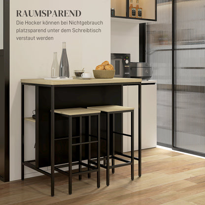 Bar Table with Bar Stool Set, 3-piece Bar Table Set including Kitchen Table with 2 Bar Stools, 2 Shelves, Dining Set in Modern Style, for Kitchen, Dining Room, Steel, Oak