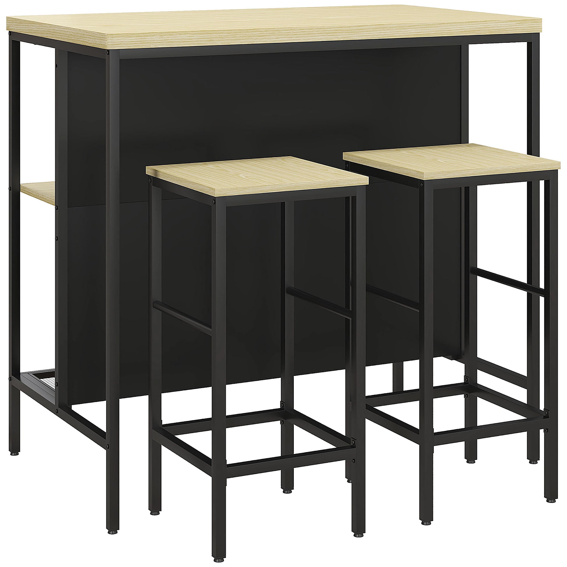 Bar Table with Bar Stool Set, 3-piece Bar Table Set including Kitchen Table with 2 Bar Stools, 2 Shelves, Dining Set in Modern Style, for Kitchen, Dining Room, Steel, Oak