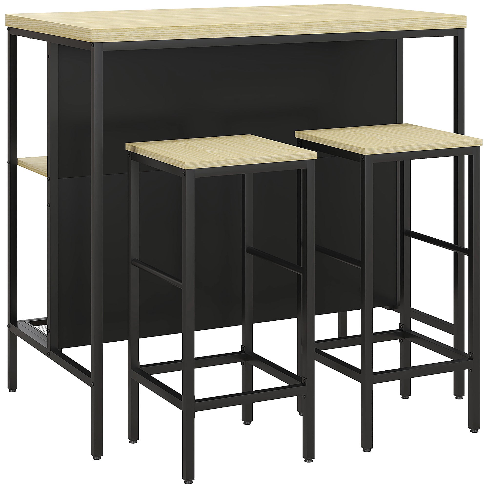 Bar Table with Bar Stool Set, 3-piece Bar Table Set including Kitchen Table with 2 Bar Stools, 2 Shelves, Dining Set in Modern Style, for Kitchen, Dining Room, Steel, Oak