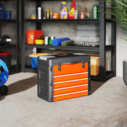 Empty Tool Chest, 49.7 x 25.3 x 40.7 cm Tool Box with 4 Drawers, Mini Box, Upper Storage Compartment, Handle, Steel Toolbox, Orange