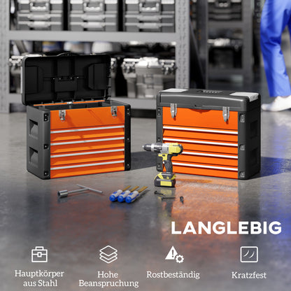 Empty Tool Chest, 49.7 x 25.3 x 40.7 cm Tool Box with 4 Drawers, Mini Box, Upper Storage Compartment, Handle, Steel Toolbox, Orange