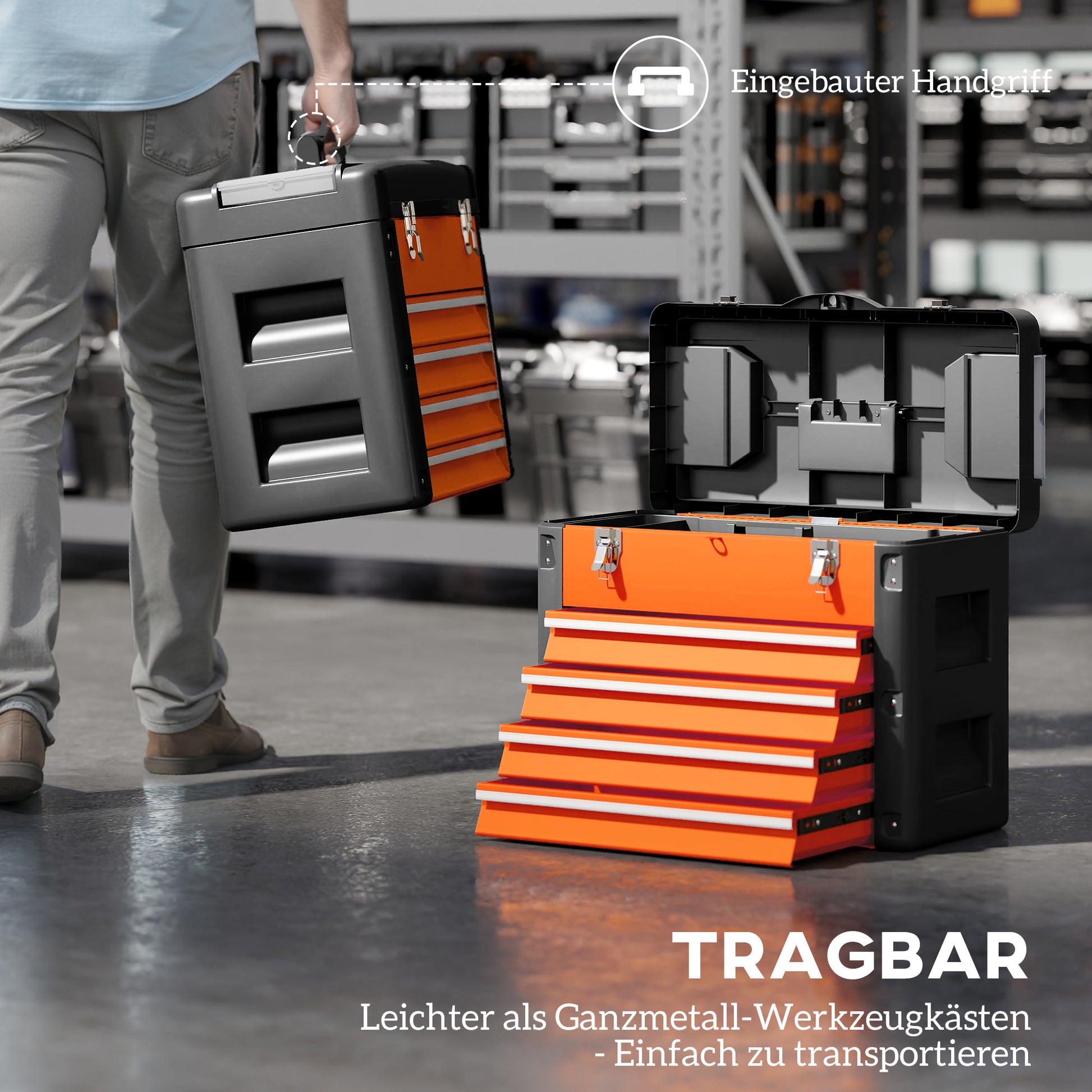 Empty Tool Chest, 49.7 x 25.3 x 40.7 cm Tool Box with 4 Drawers, Mini Box, Upper Storage Compartment, Handle, Steel Toolbox, Orange