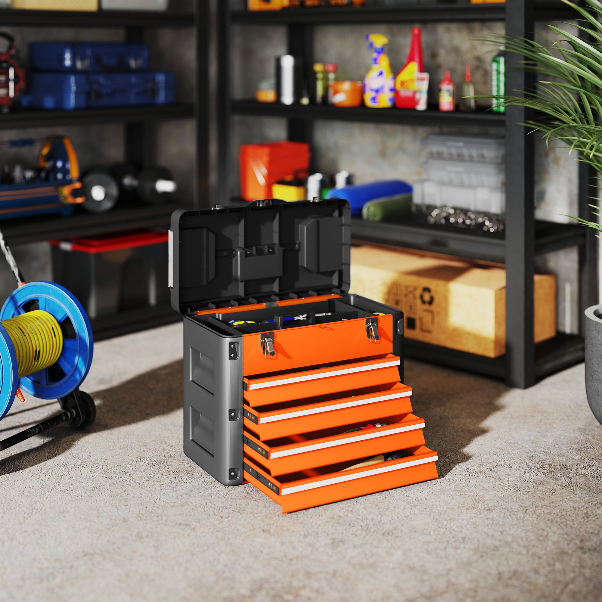 Empty Tool Chest, 49.7 x 25.3 x 40.7 cm Tool Box with 4 Drawers, Mini Box, Upper Storage Compartment, Handle, Steel Toolbox, Orange