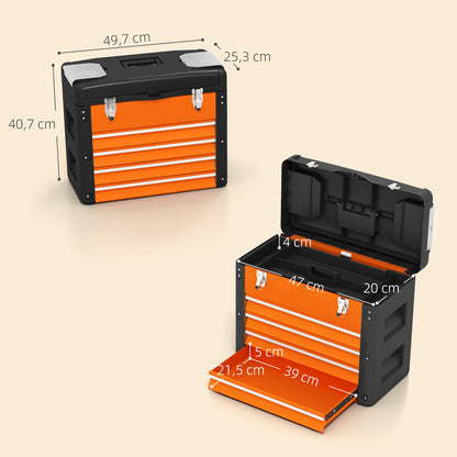 Empty Tool Chest, 49.7 x 25.3 x 40.7 cm Tool Box with 4 Drawers, Mini Box, Upper Storage Compartment, Handle, Steel Toolbox, Orange