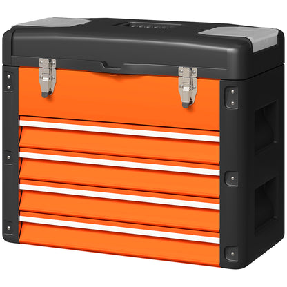 Empty Tool Chest, 49.7 x 25.3 x 40.7 cm Tool Box with 4 Drawers, Mini Box, Upper Storage Compartment, Handle, Steel Toolbox, Orange