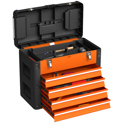 Empty Tool Chest, 49.7 x 25.3 x 40.7 cm Tool Box with 4 Drawers, Mini Box, Upper Storage Compartment, Handle, Steel Toolbox, Orange