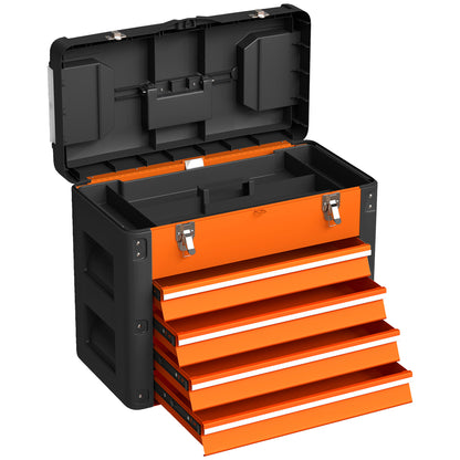 Empty Tool Chest, 49.7 x 25.3 x 40.7 cm Tool Box with 4 Drawers, Mini Box, Upper Storage Compartment, Handle, Steel Toolbox, Orange