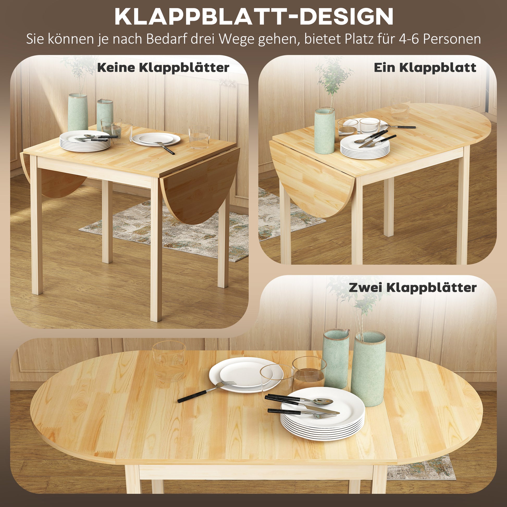 Wooden Folding Dining Table for 6 People with Drop-Leaf Design Oval Foldable Kitchen Table Dining Table for Small Spaces, Dining Room, Kitchen 140 x 70 x 75 cm Natural Wood