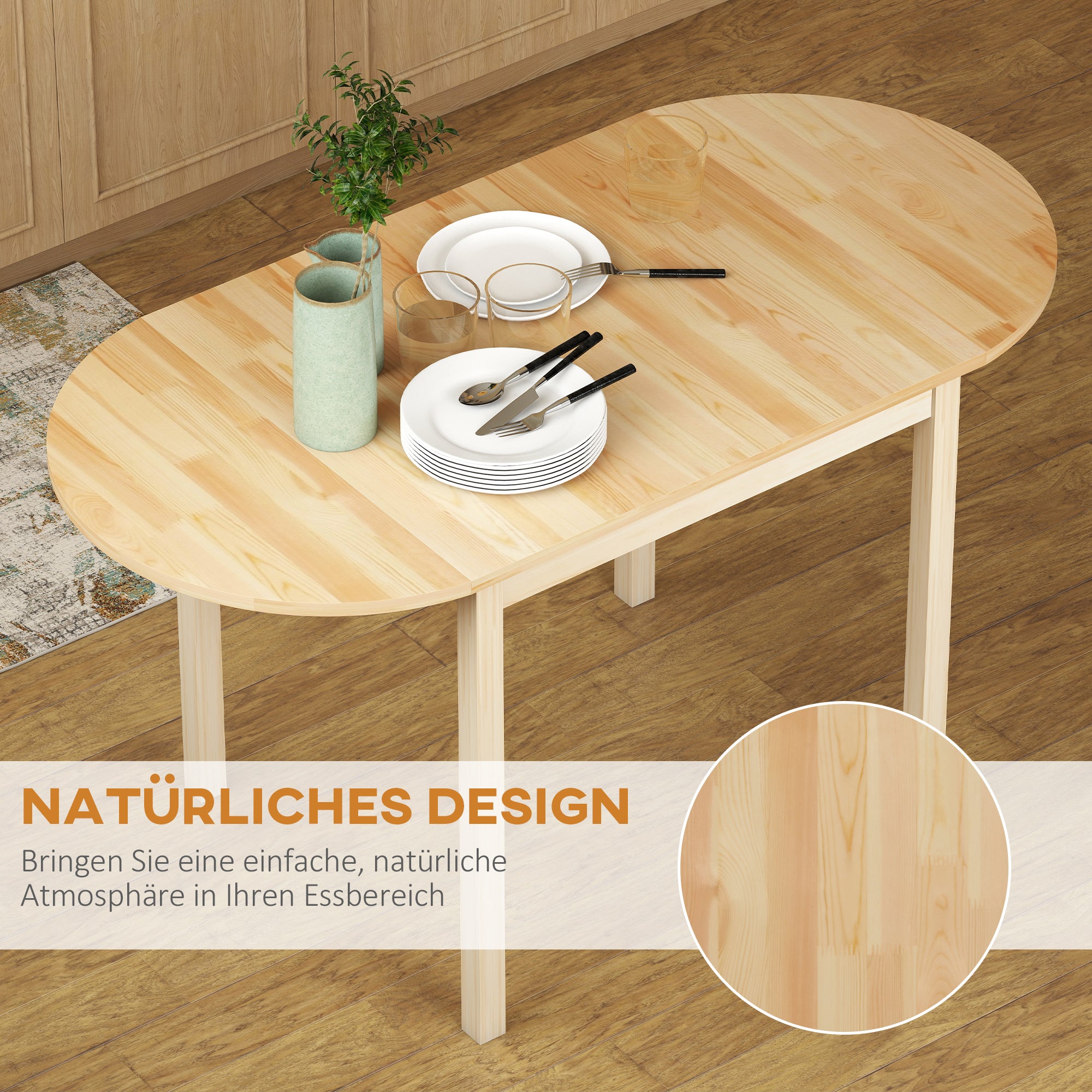 Wooden Folding Dining Table for 6 People with Drop-Leaf Design Oval Foldable Kitchen Table Dining Table for Small Spaces, Dining Room, Kitchen 140 x 70 x 75 cm Natural Wood