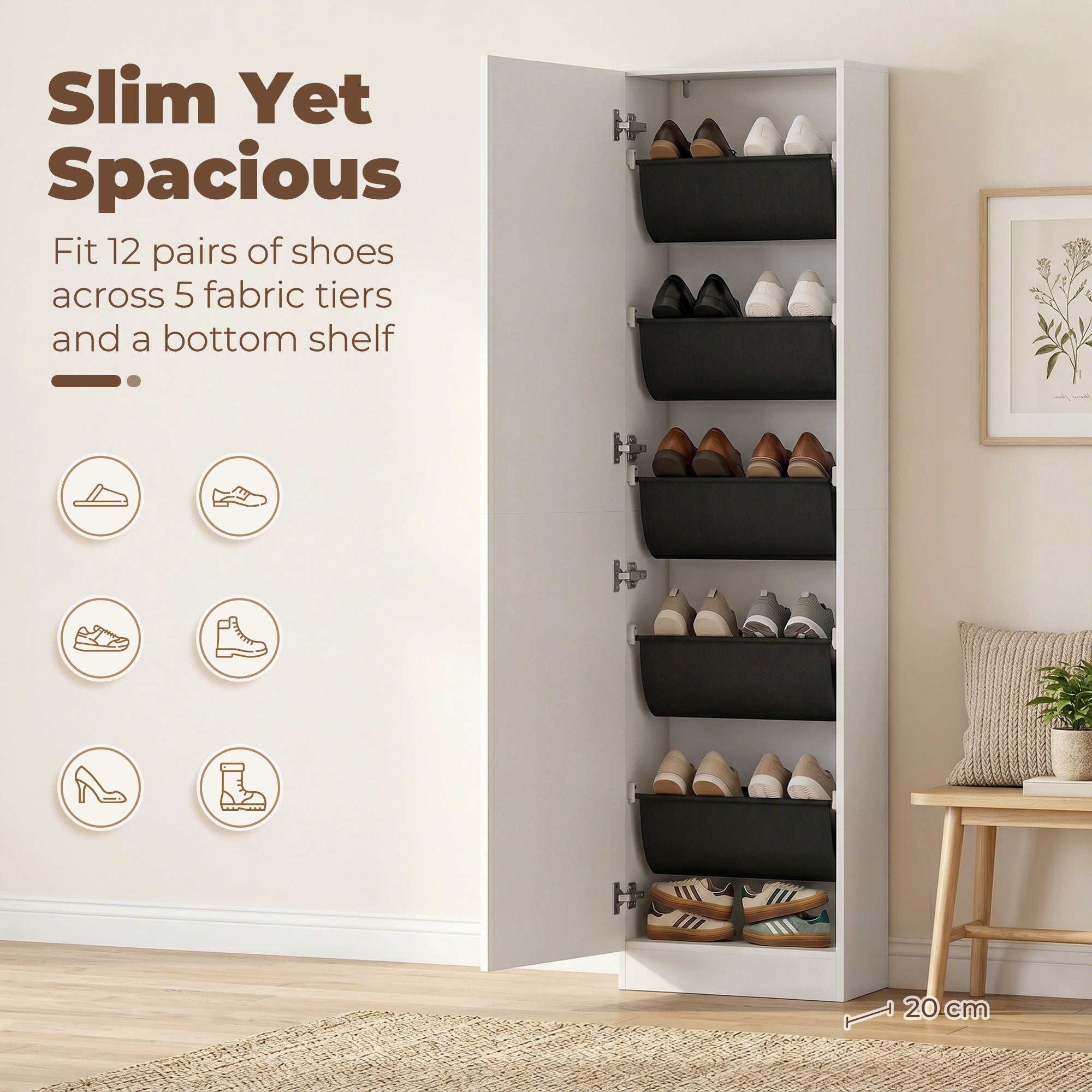 Slim Space-Saving Shoe Cabinet with Full-Length Mirror, 5 Fabric Shelves, Reversible Doors, Soft-Close, Holds 12 Pairs, 19.7 x 7.9 x 70.9 in, White