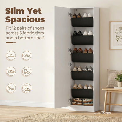 Slim Space-Saving Shoe Cabinet with Full-Length Mirror, 5 Fabric Shelves, Reversible Doors, Soft-Close, Holds 12 Pairs, 19.7 x 7.9 x 70.9 in, White
