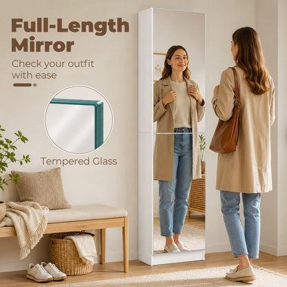 Slim Space-Saving Shoe Cabinet with Full-Length Mirror, 5 Fabric Shelves, Reversible Doors, Soft-Close, Holds 12 Pairs, 19.7 x 7.9 x 70.9 in, White