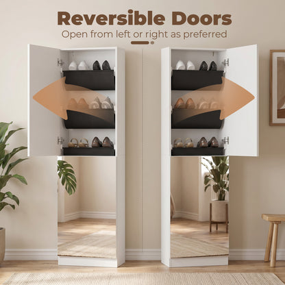 Slim Space-Saving Shoe Cabinet with Full-Length Mirror, 5 Fabric Shelves, Reversible Doors, Soft-Close, Holds 12 Pairs, 19.7 x 7.9 x 70.9 in, White