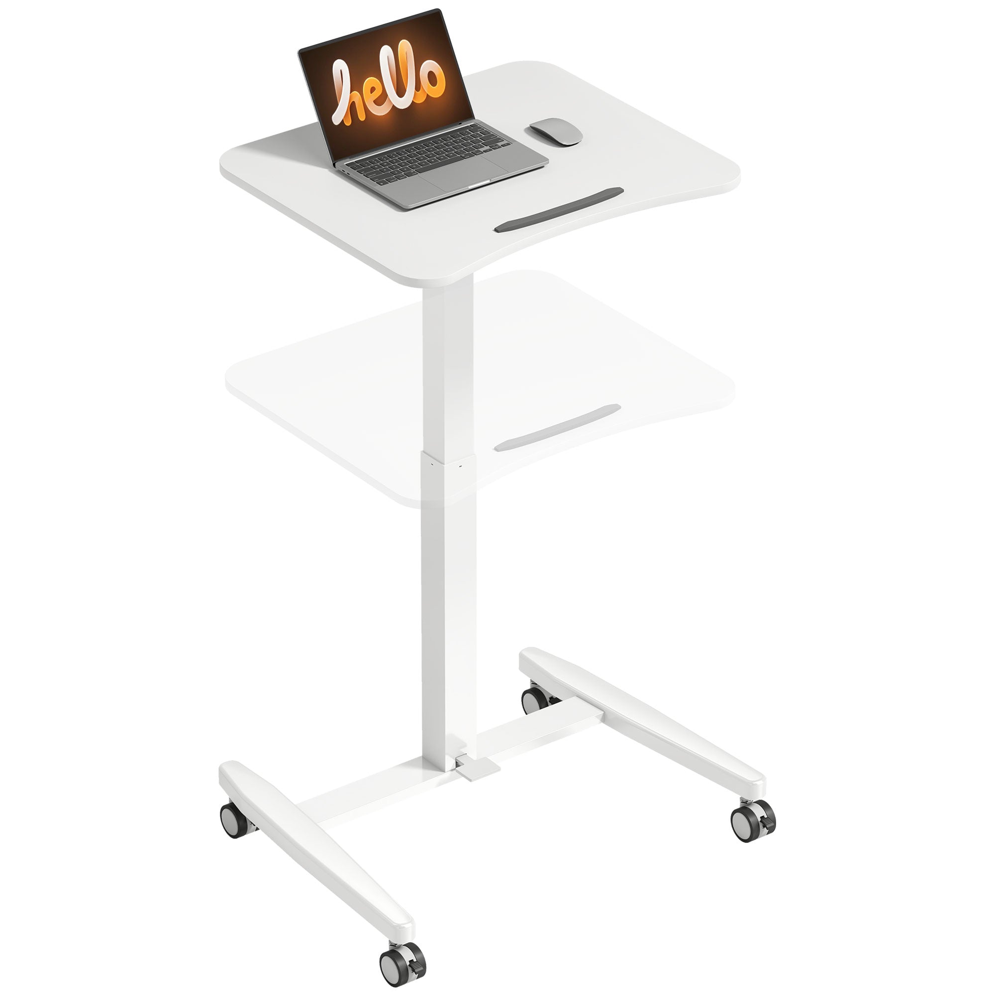 Height-Adjustable Standing Desk 75–114 cm (29.5–44.9 in) — Mobile Laptop Table with Tilting Top, Safety Stop, Steel Frame, Pneumatic Drafting Table for Small Spaces, White