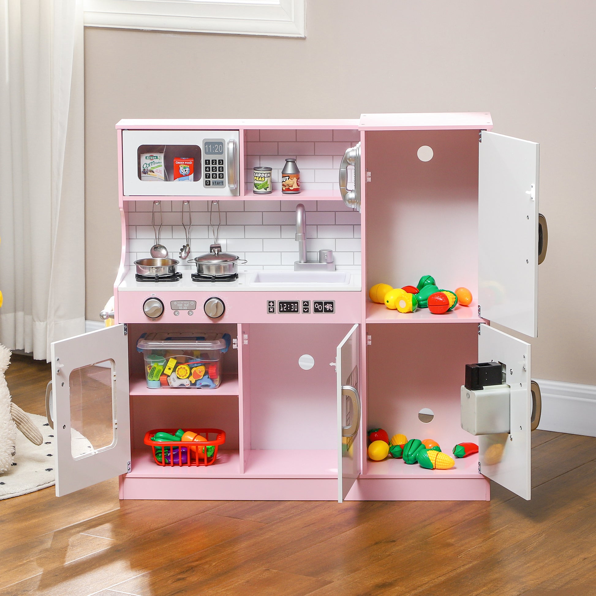 Kids Kitchen Play Kitchen with Toy Phone, Chalkboard, Microwave, Stove, Sink, Doll Kitchen with Kitchen Accessories, Ice Cube Maker for 3-8 Year Olds, Pink