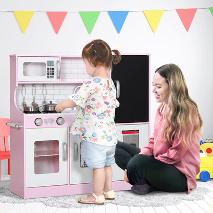 Kids Kitchen Play Kitchen with Toy Phone, Chalkboard, Microwave, Stove, Sink, Doll Kitchen with Kitchen Accessories, Ice Cube Maker for 3-8 Year Olds, Pink