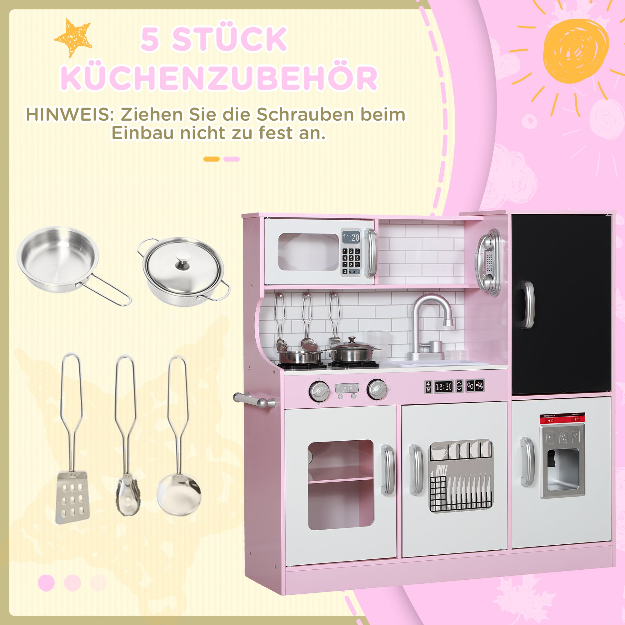 Kids Kitchen Play Kitchen with Toy Phone, Chalkboard, Microwave, Stove, Sink, Doll Kitchen with Kitchen Accessories, Ice Cube Maker for 3-8 Year Olds, Pink