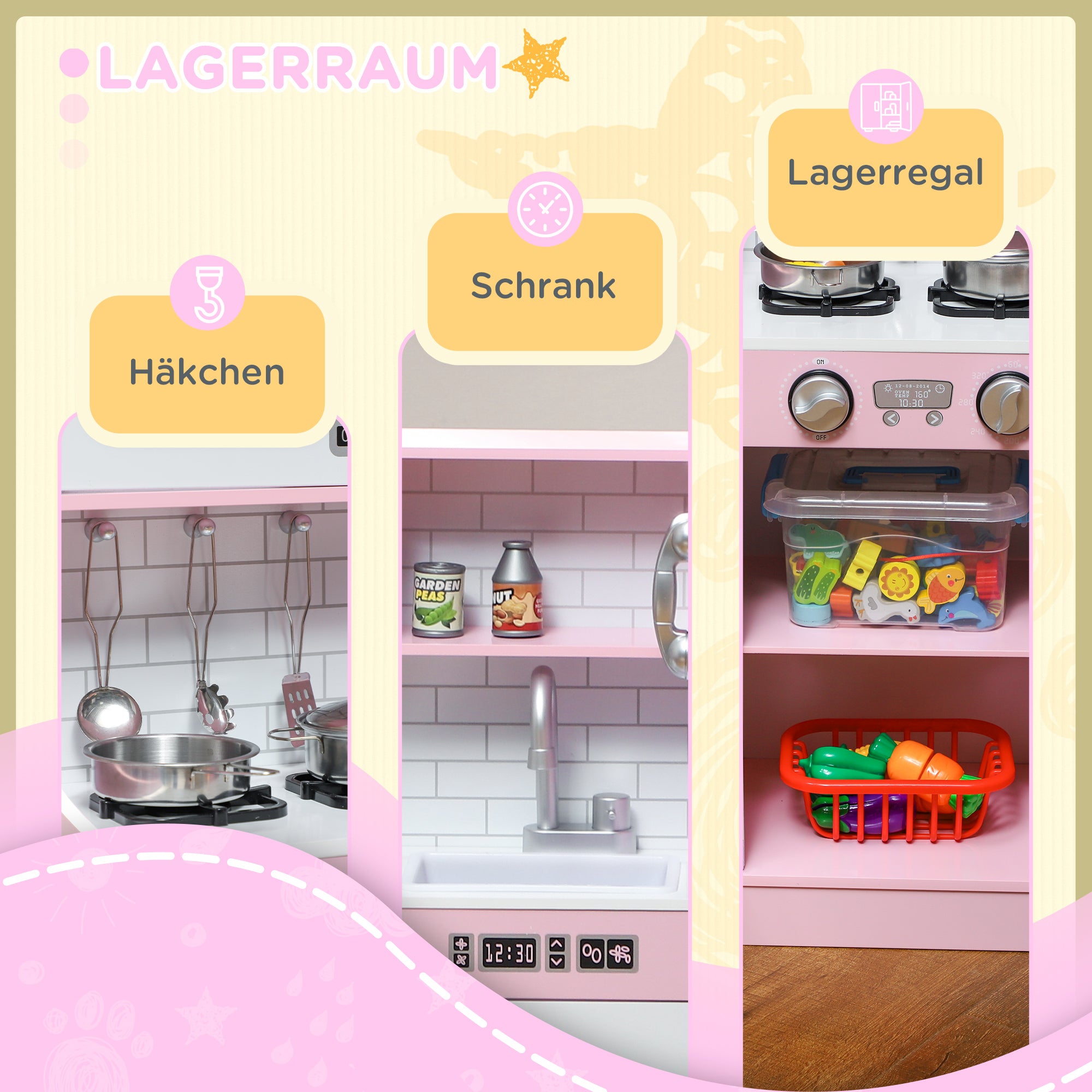 Kids Kitchen Play Kitchen with Toy Phone, Chalkboard, Microwave, Stove, Sink, Doll Kitchen with Kitchen Accessories, Ice Cube Maker for 3-8 Year Olds, Pink