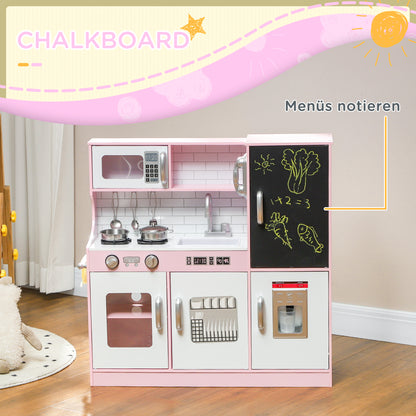 Kids Kitchen Play Kitchen with Toy Phone, Chalkboard, Microwave, Stove, Sink, Doll Kitchen with Kitchen Accessories, Ice Cube Maker for 3-8 Year Olds, Pink