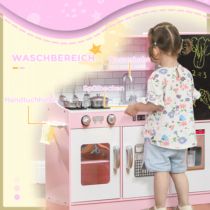 Kids Kitchen Play Kitchen with Toy Phone, Chalkboard, Microwave, Stove, Sink, Doll Kitchen with Kitchen Accessories, Ice Cube Maker for 3-8 Year Olds, Pink
