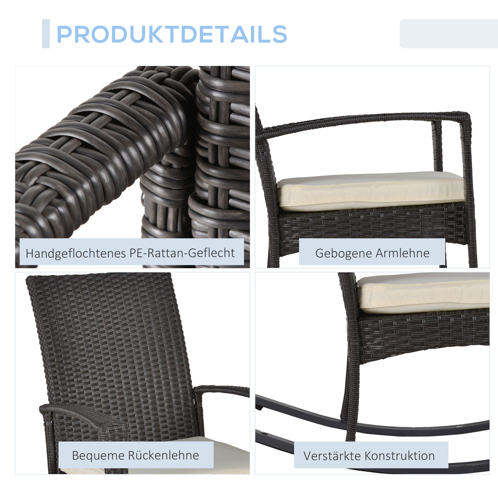 Swing Chair Rocking Armchair Garden Chair with Cushion, Polyrattan+Metal, Brown+Cream, 66 x 88 x 98 cm