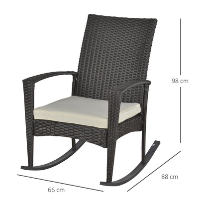 Swing Chair Rocking Armchair Garden Chair with Cushion, Polyrattan+Metal, Brown+Cream, 66 x 88 x 98 cm