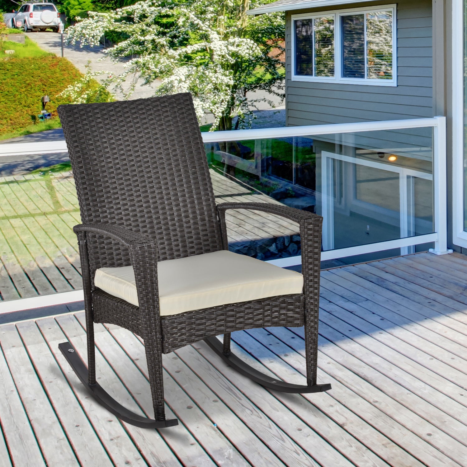 Swing Chair Rocking Armchair Garden Chair with Cushion, Polyrattan+Metal, Brown+Cream, 66 x 88 x 98 cm