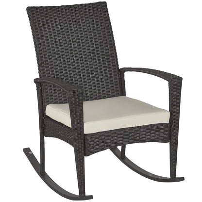 Swing Chair Rocking Armchair Garden Chair with Cushion, Polyrattan+Metal, Brown+Cream, 66 x 88 x 98 cm
