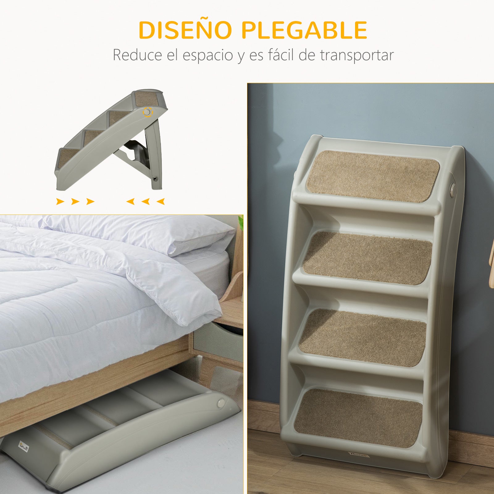 Foldable 4 Steps Pet Staircase for Dogs Cats Portable with Non-Slip Mats for Bed Sofa Load 20 kg 62x38x49.5 cm Gray
