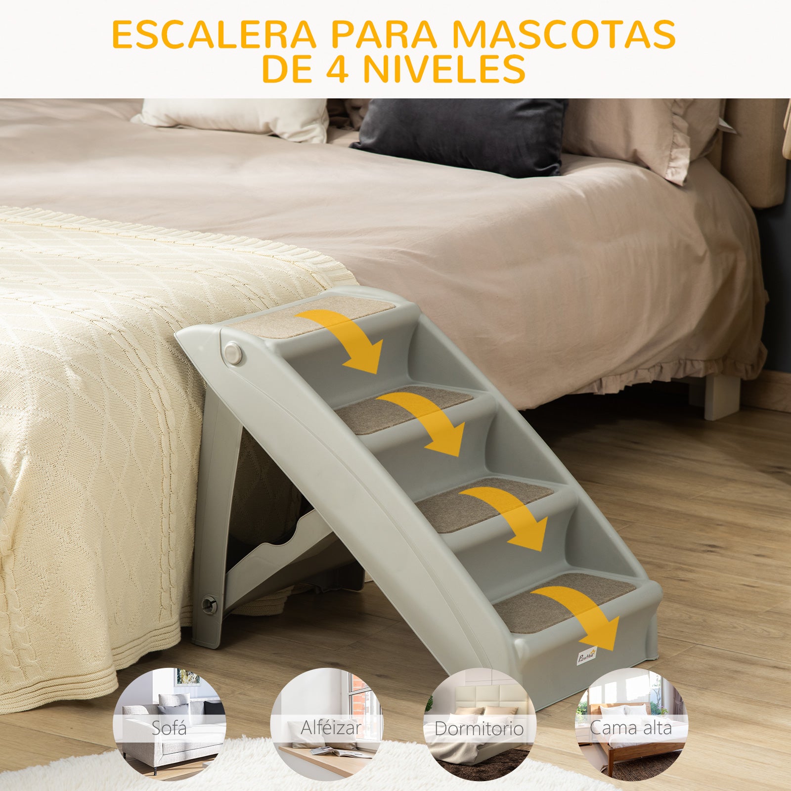 Foldable 4 Steps Pet Staircase for Dogs Cats Portable with Non-Slip Mats for Bed Sofa Load 20 kg 62x38x49.5 cm Gray