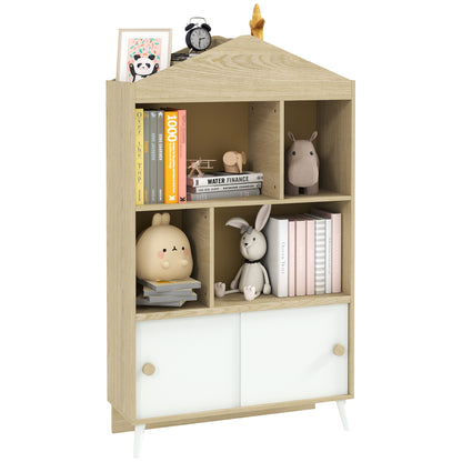 Wooden Kids Bookcase with 4 Compartments Children's Library with Open Shelves and Cabinet for Kids' Room Playroom 80x30x140.5 cm White and Natural