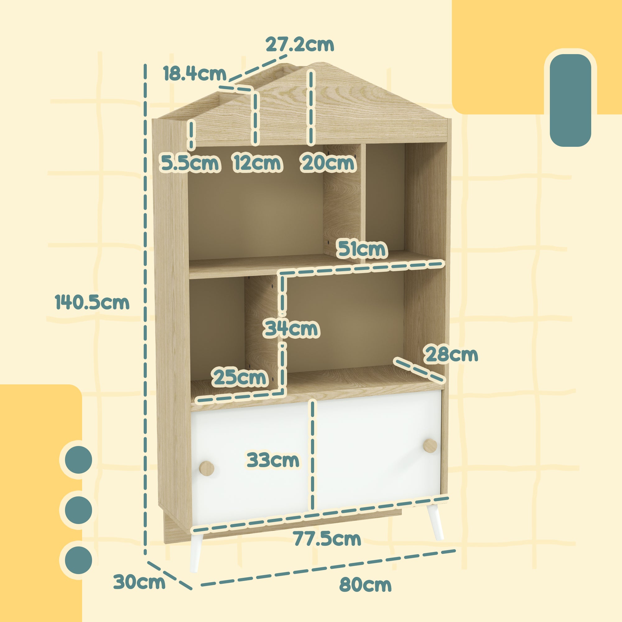 Wooden Kids Bookcase with 4 Compartments Children's Library with Open Shelves and Cabinet for Kids' Room Playroom 80x30x140.5 cm White and Natural