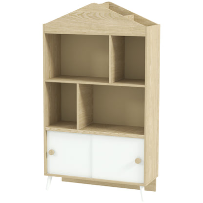 Wooden Kids Bookcase with 4 Compartments Children's Library with Open Shelves and Cabinet for Kids' Room Playroom 80x30x140.5 cm White and Natural