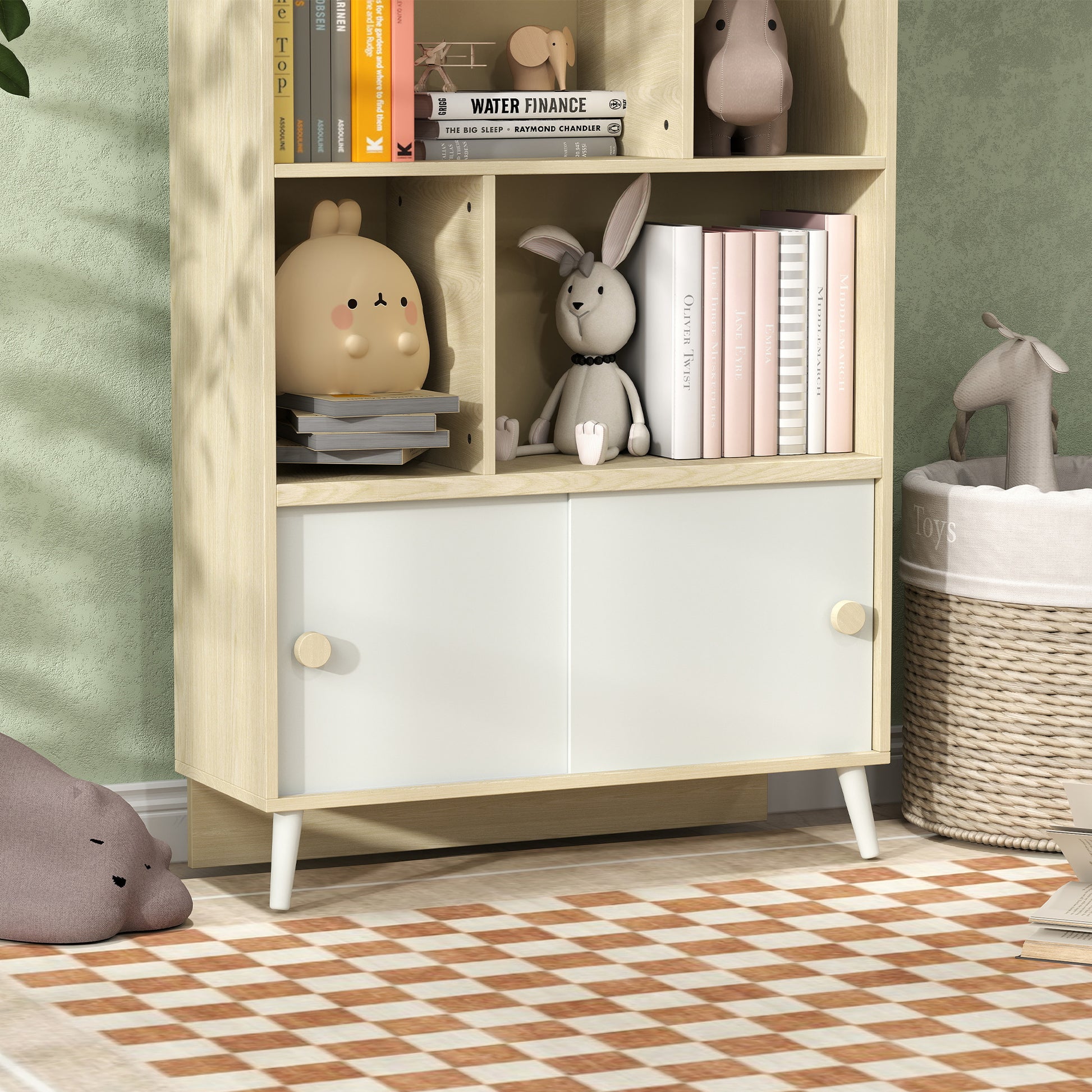 Wooden Kids Bookcase with 4 Compartments Children's Library with Open Shelves and Cabinet for Kids' Room Playroom 80x30x140.5 cm White and Natural