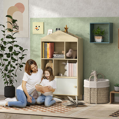 Wooden Kids Bookcase with 4 Compartments Children's Library with Open Shelves and Cabinet for Kids' Room Playroom 80x30x140.5 cm White and Natural