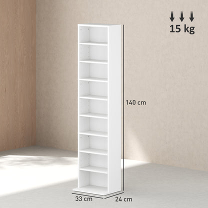 CD and DVD Shelf CD Racks Narrow with 9 Compartments Adjustable Shelves for Living Room Office 33x24x140 cm White