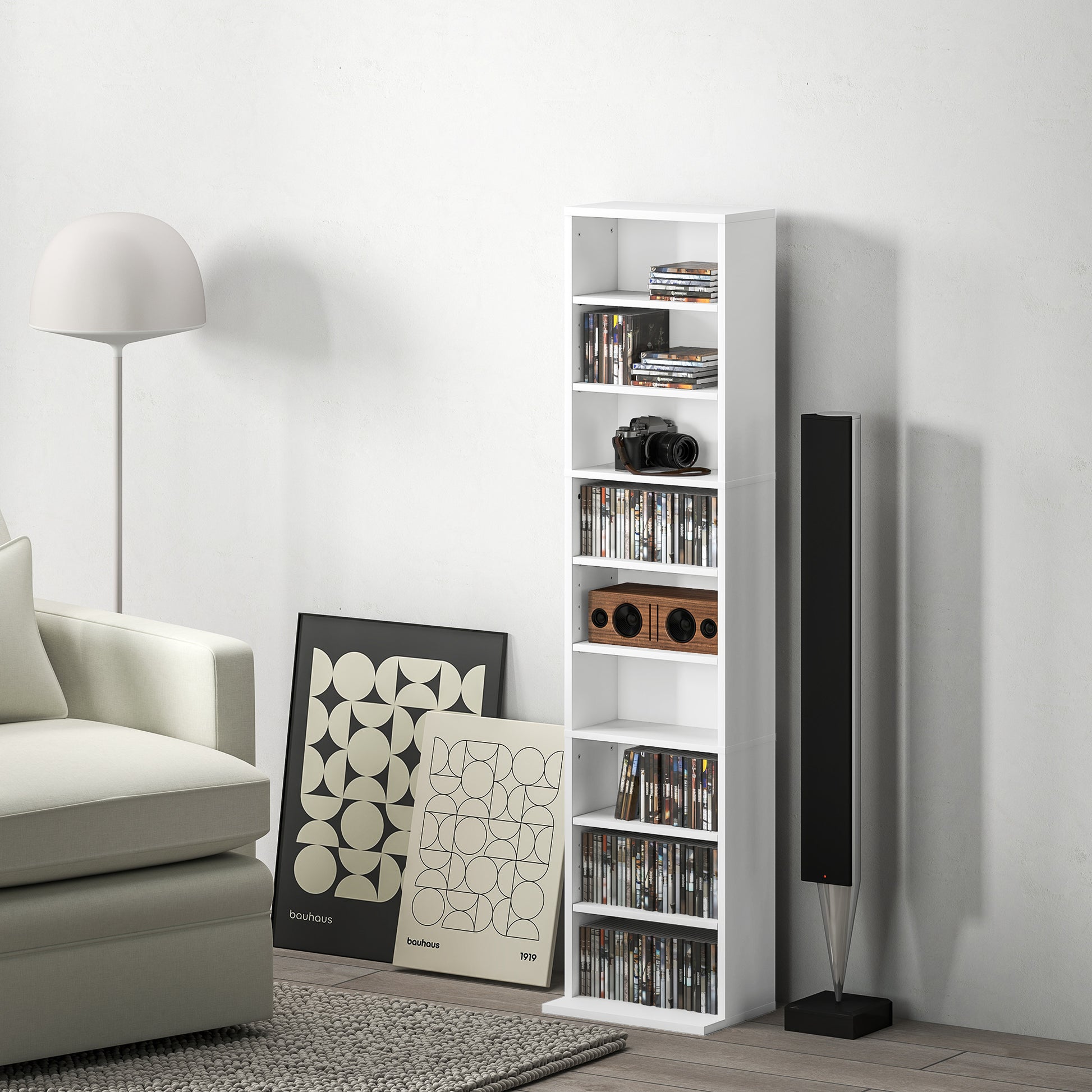 CD and DVD Shelf CD Racks Narrow with 9 Compartments Adjustable Shelves for Living Room Office 33x24x140 cm White