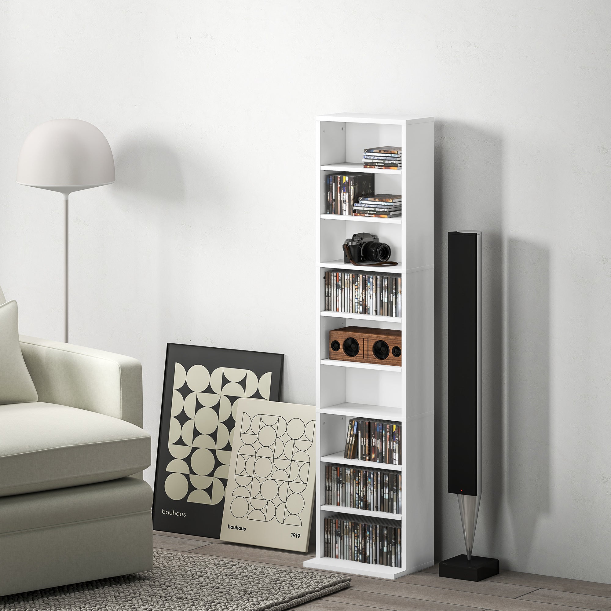 CD and DVD Shelf CD Racks Narrow with 9 Compartments Adjustable Shelves for Living Room Office 33x24x140 cm White