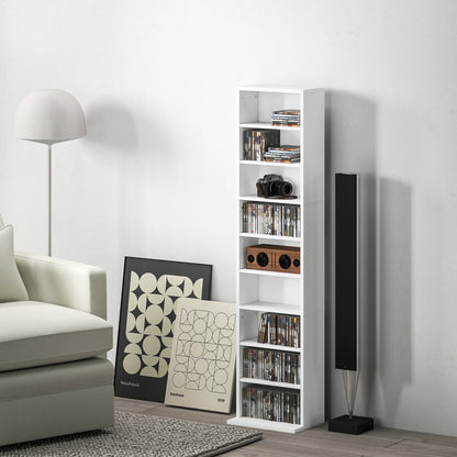 CD and DVD Shelf CD Racks Narrow with 9 Compartments Adjustable Shelves for Living Room Office 33x24x140 cm White