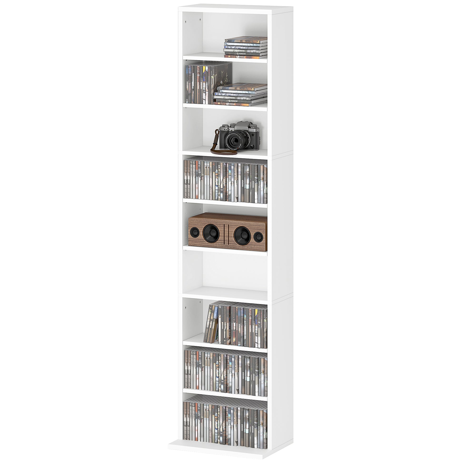 CD and DVD Shelf CD Racks Narrow with 9 Compartments Adjustable Shelves for Living Room Office 33x24x140 cm White