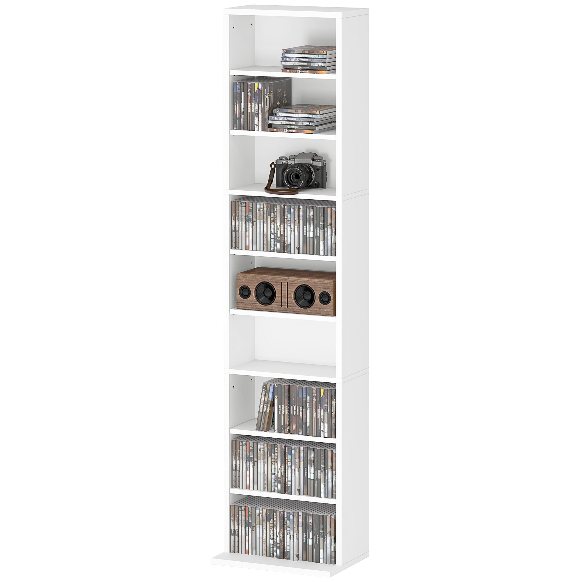 CD and DVD Shelf CD Racks Narrow with 9 Compartments Adjustable Shelves for Living Room Office 33x24x140 cm White