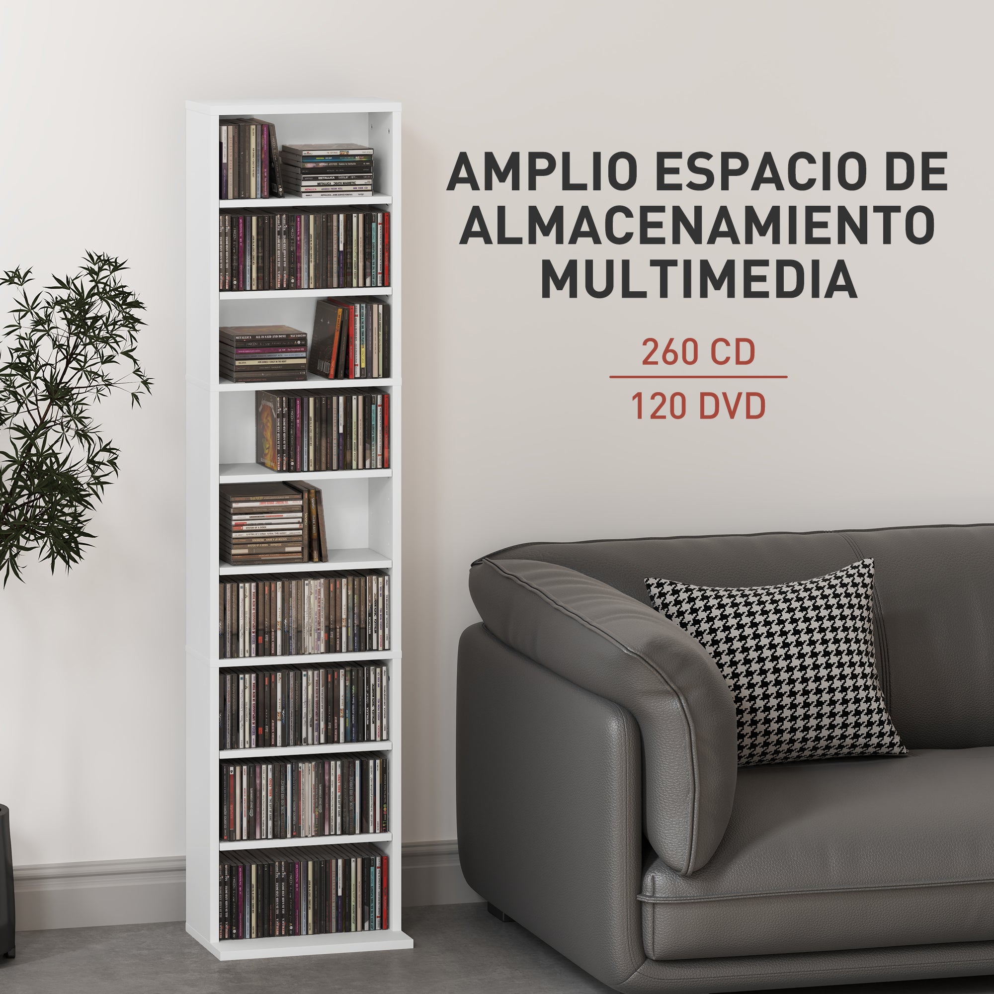 CD and DVD Shelf CD Racks Narrow with 9 Compartments Adjustable Shelves for Living Room Office 33x24x140 cm White