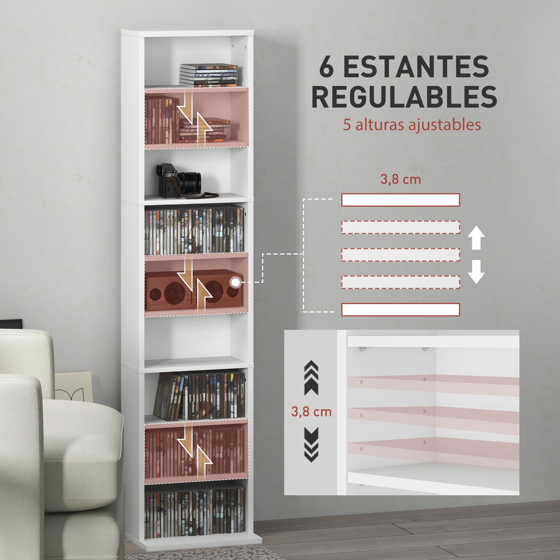 CD and DVD Shelf CD Racks Narrow with 9 Compartments Adjustable Shelves for Living Room Office 33x24x140 cm White