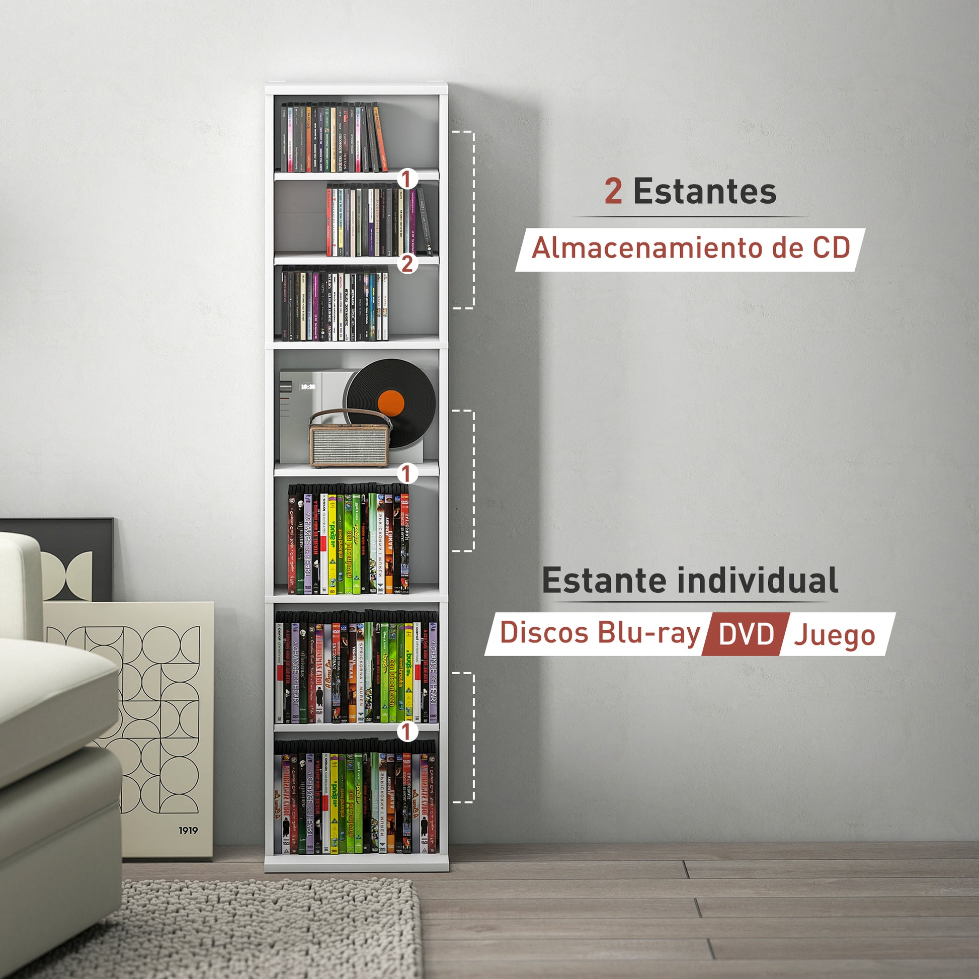 CD and DVD Shelf CD Racks Narrow with 9 Compartments Adjustable Shelves for Living Room Office 33x24x140 cm White