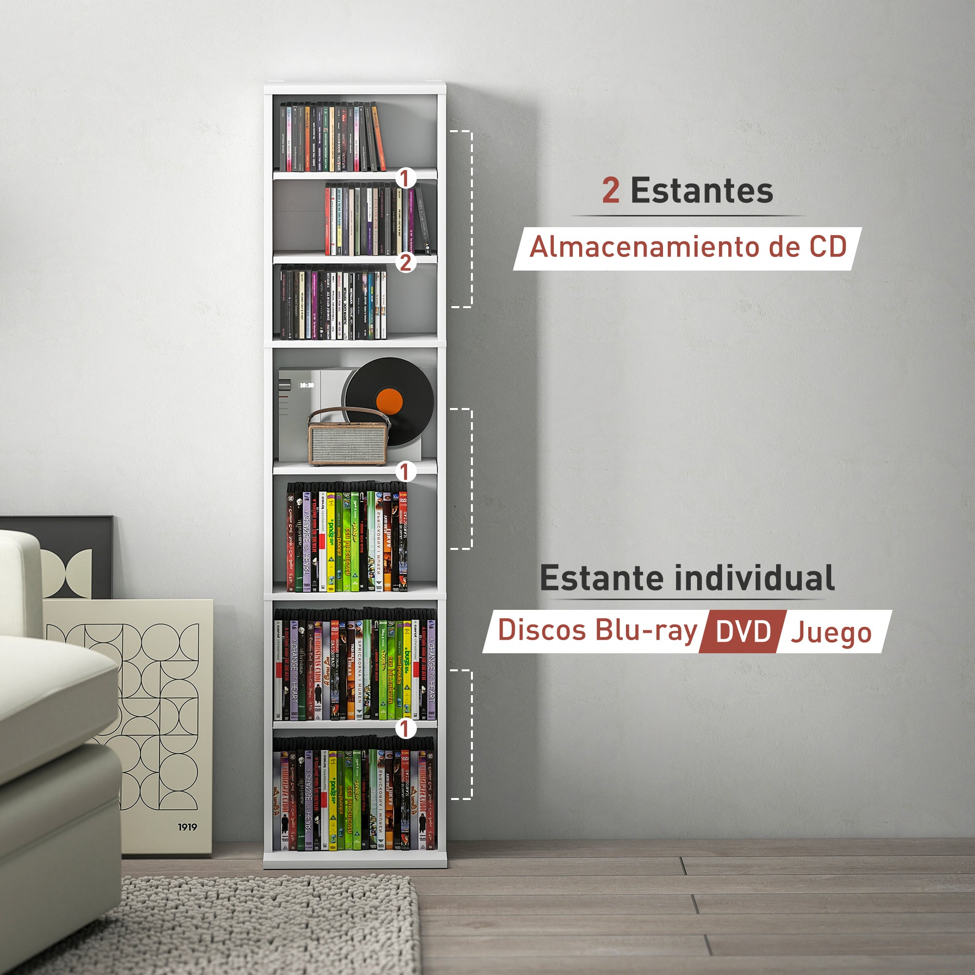 CD and DVD Shelf CD Racks Narrow with 9 Compartments Adjustable Shelves for Living Room Office 33x24x140 cm White