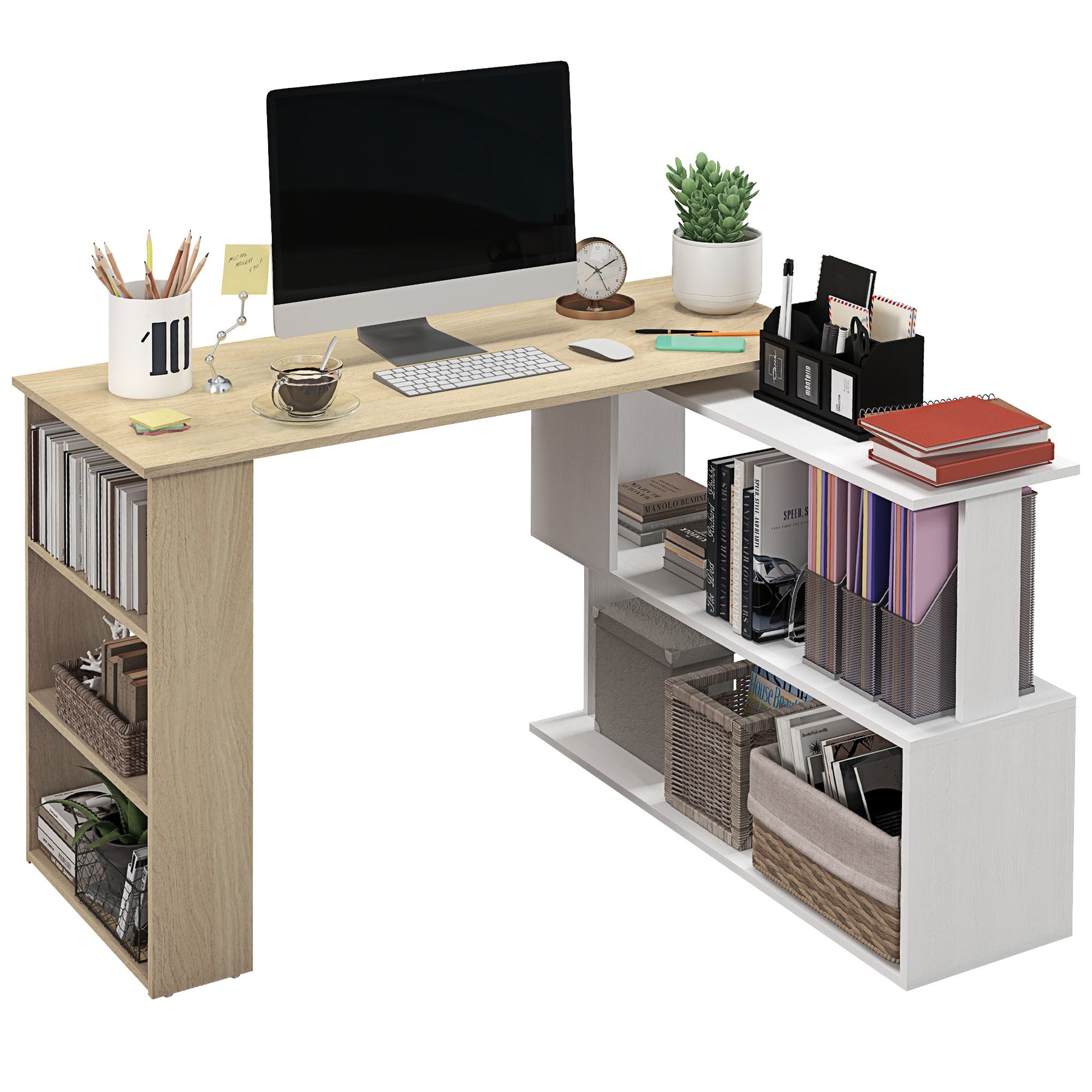 HOMCOM Rotating Corner Desk L-Shaped Desk with Shelf Desk with Shelves ...