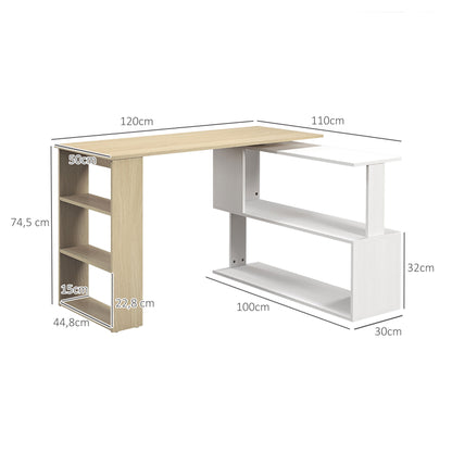 Rotating Corner Desk L-Shaped Desk with Shelf Desk with Shelves for Office Study 120x110x74.5 cm Natural and White