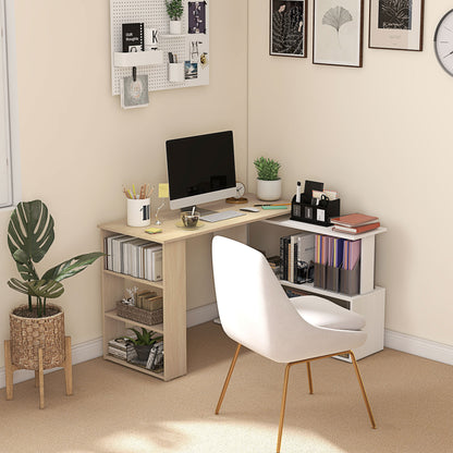 Rotating Corner Desk L-Shaped Desk with Shelf Desk with Shelves for Office Study 120x110x74.5 cm Natural and White