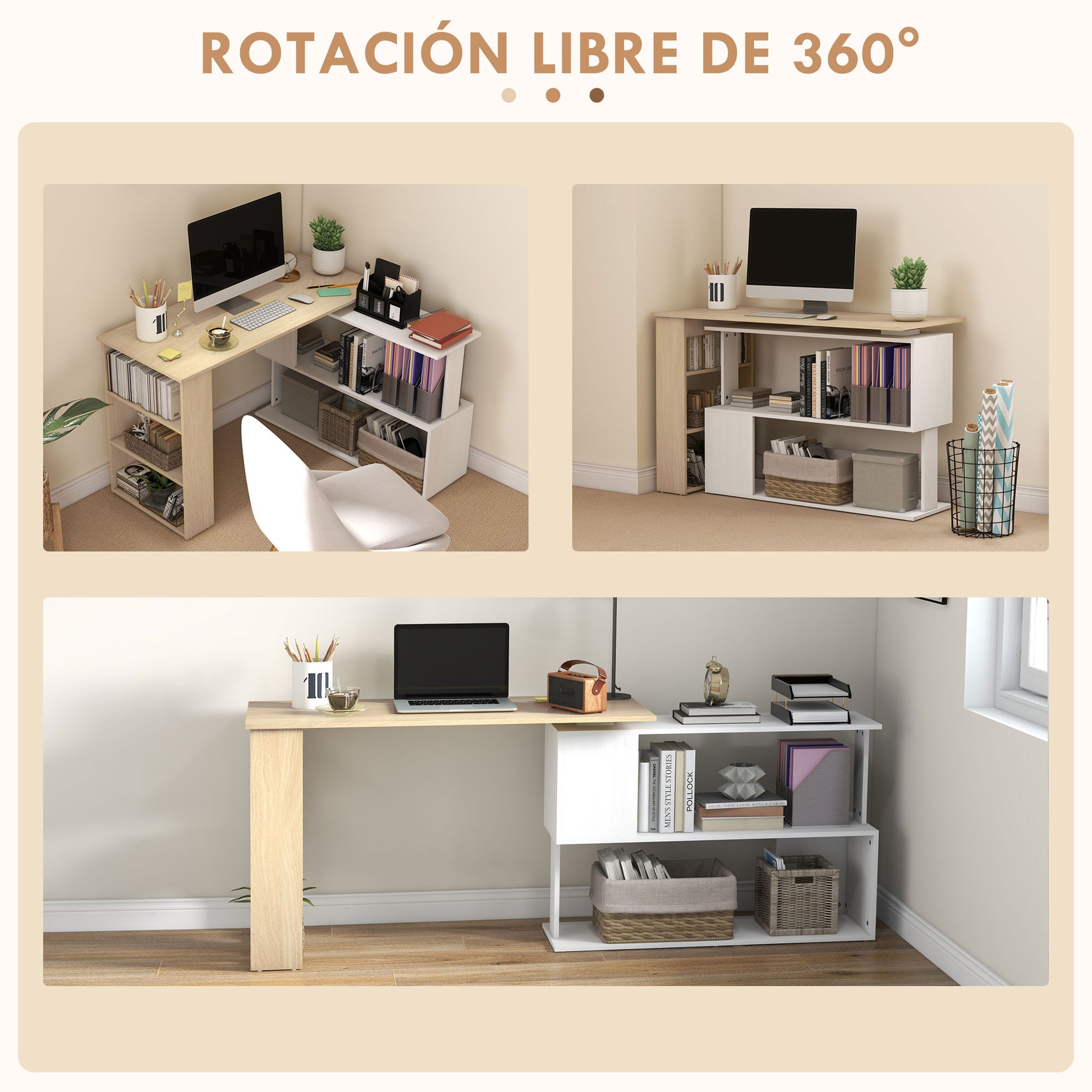 Rotating Corner Desk L-Shaped Desk with Shelf Desk with Shelves for Office Study 120x110x74.5 cm Natural and White